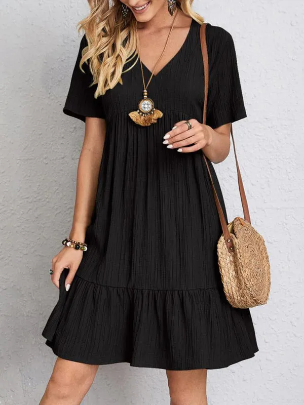V-neck Short Sleeve Dress with Loose Hem and Wrinkle-Resistant Fabric