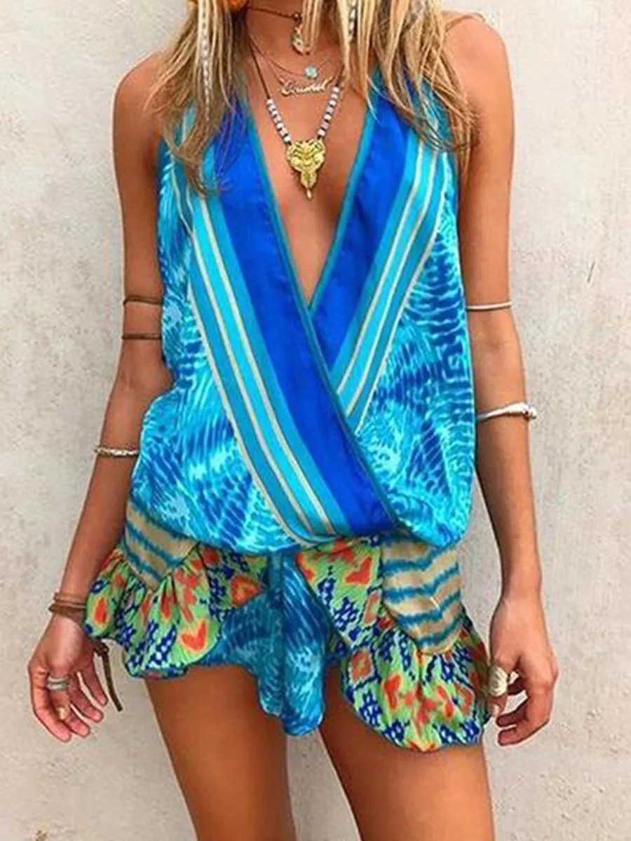 V-neck Sleeveless Boho Print Ruffle Romper