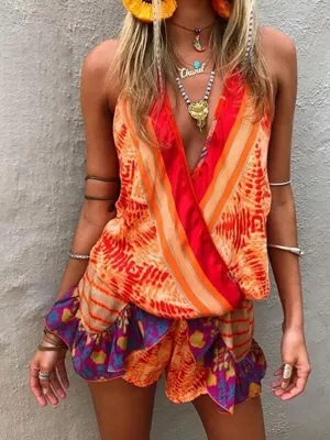 V-neck Sleeveless Boho Print Ruffle Romper