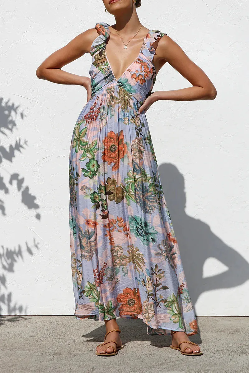 Vacation Geometric Print Flowers Contrast V Neck Long Dresses