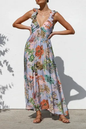 Vacation Geometric Print Flowers Contrast V Neck Long Dresses