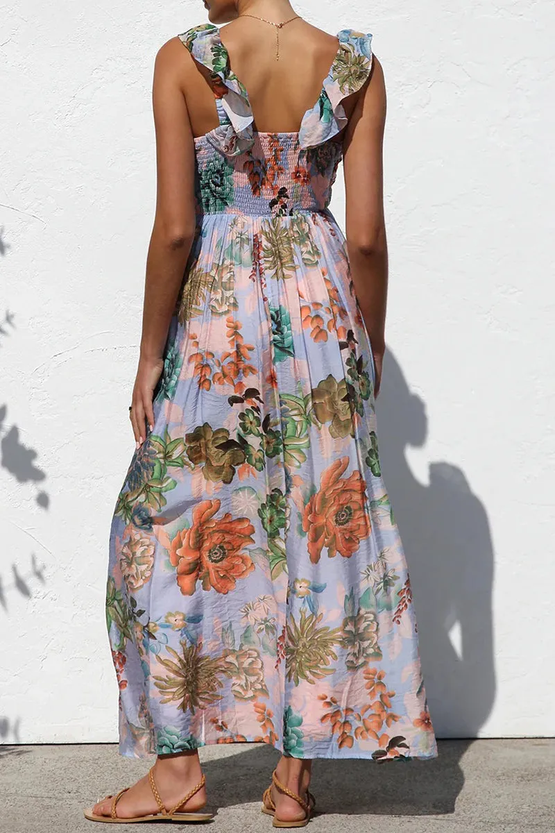 Vacation Geometric Print Flowers Contrast V Neck Long Dresses