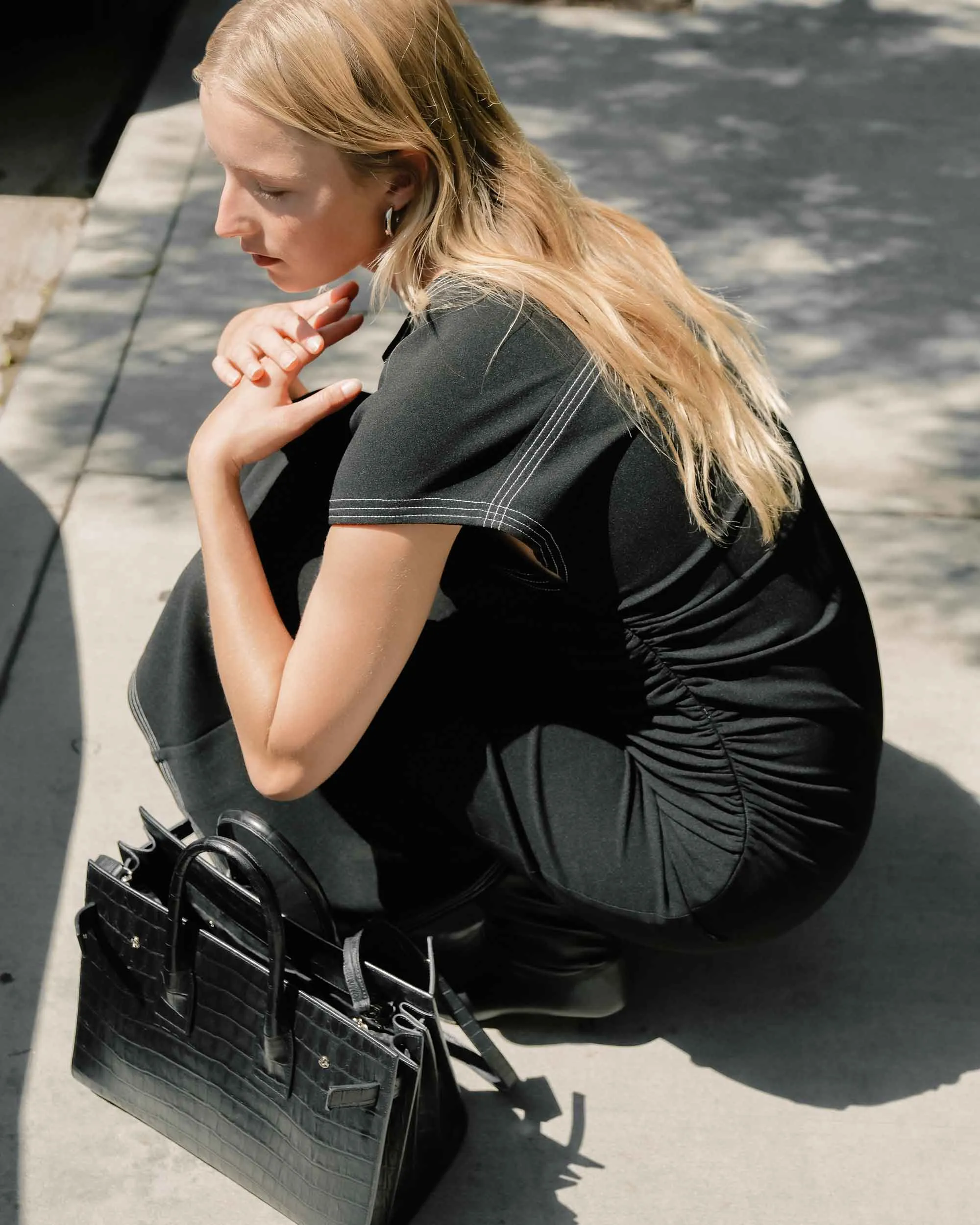 Vela Contrast-Stitch Ruched-Waist Dress
