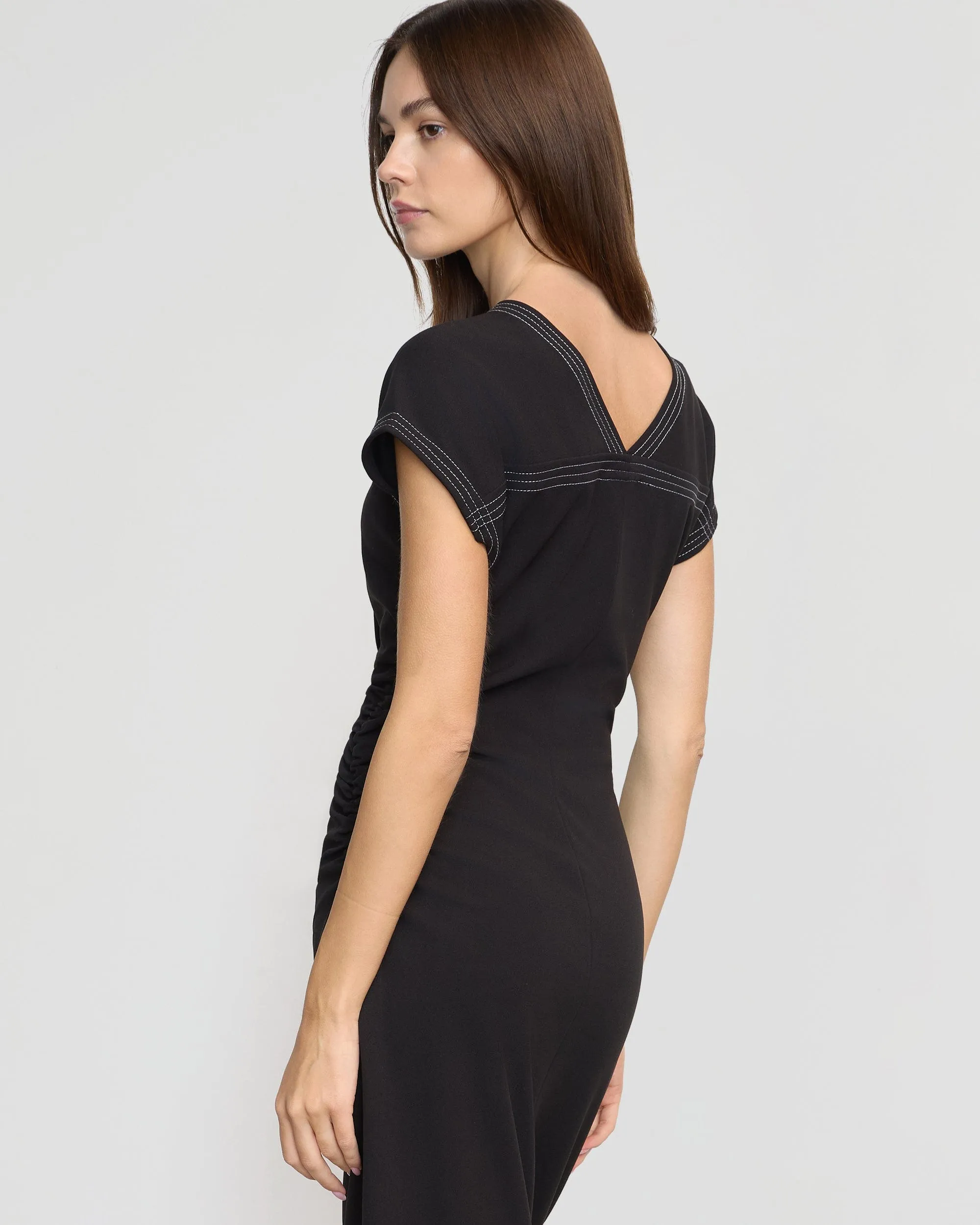 Vela Contrast-Stitch Ruched-Waist Dress
