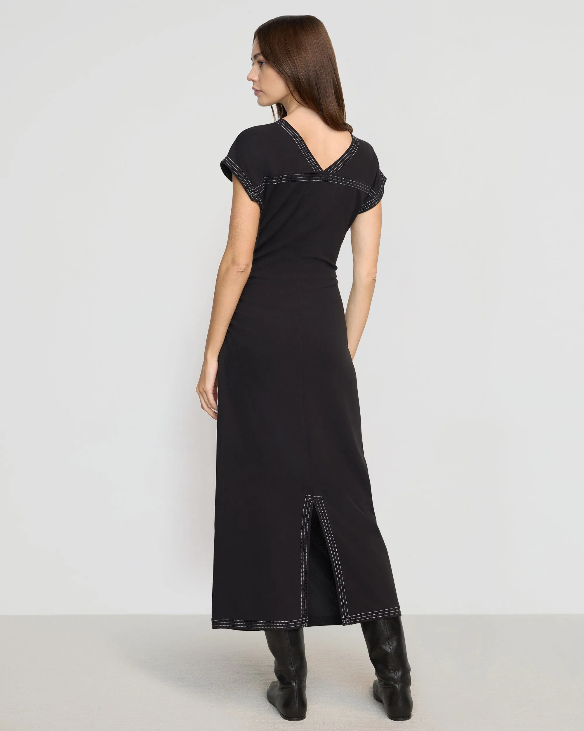 Vela Contrast-Stitch Ruched-Waist Dress
