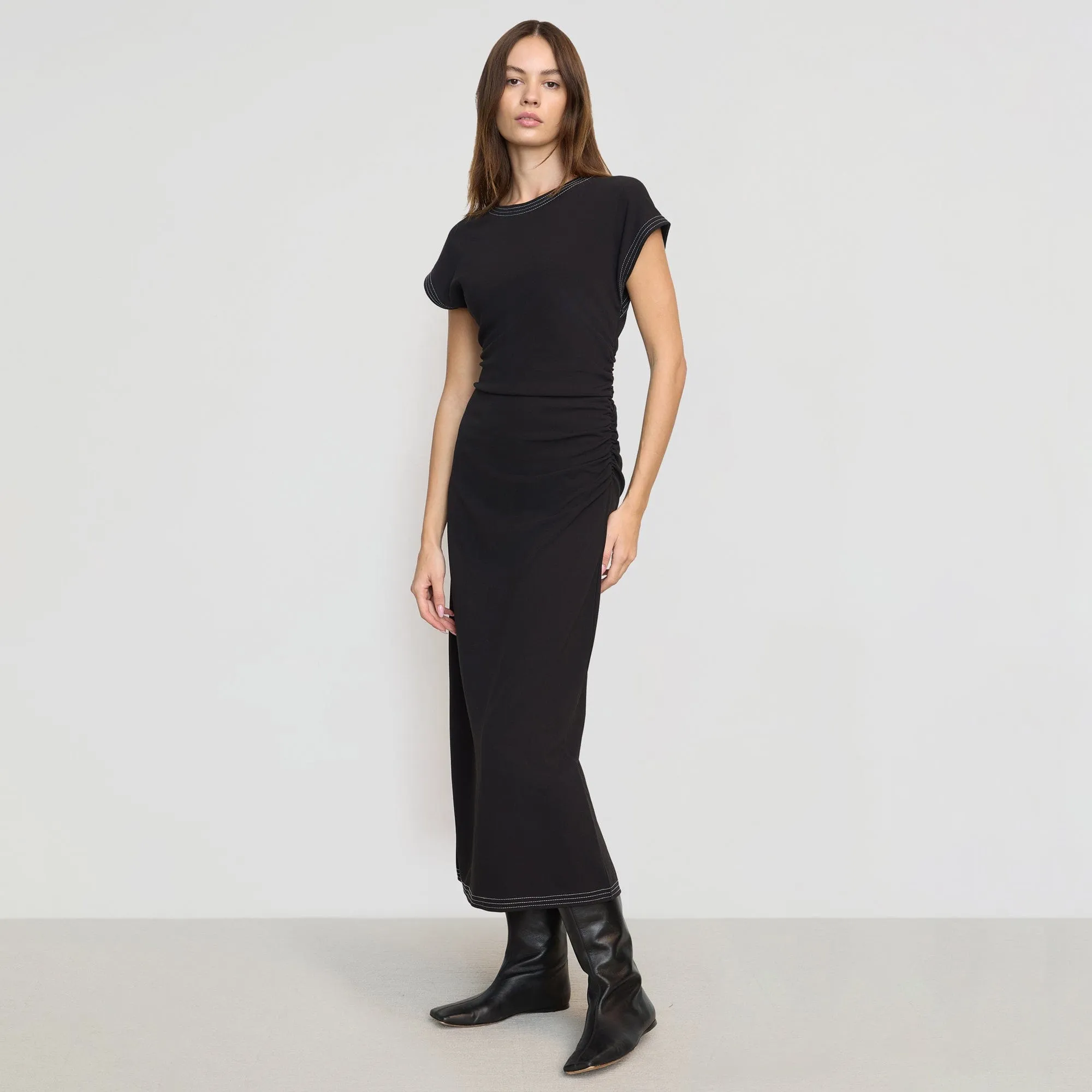 Vela Contrast-Stitch Ruched-Waist Dress