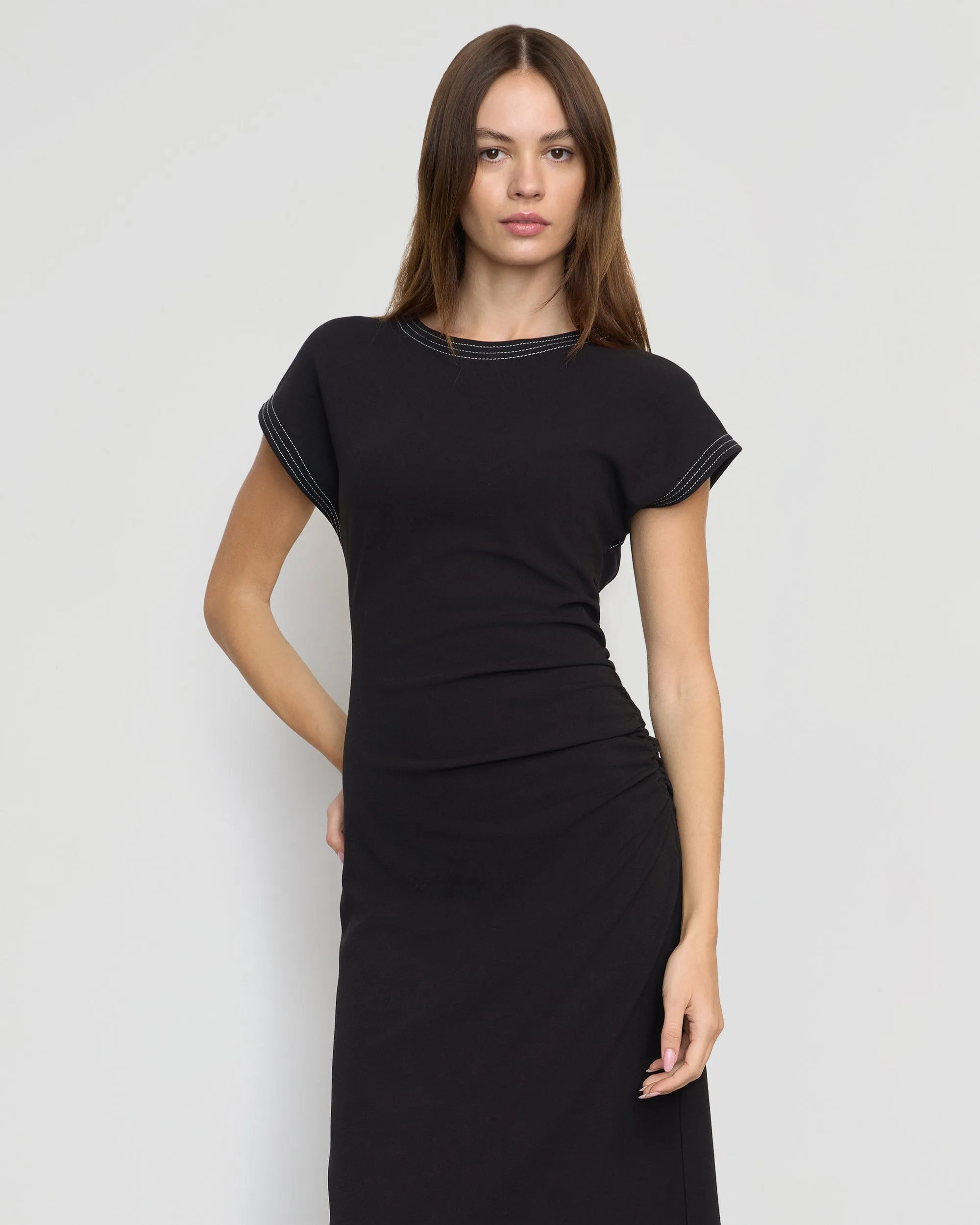 Vela Contrast-Stitch Ruched-Waist Dress