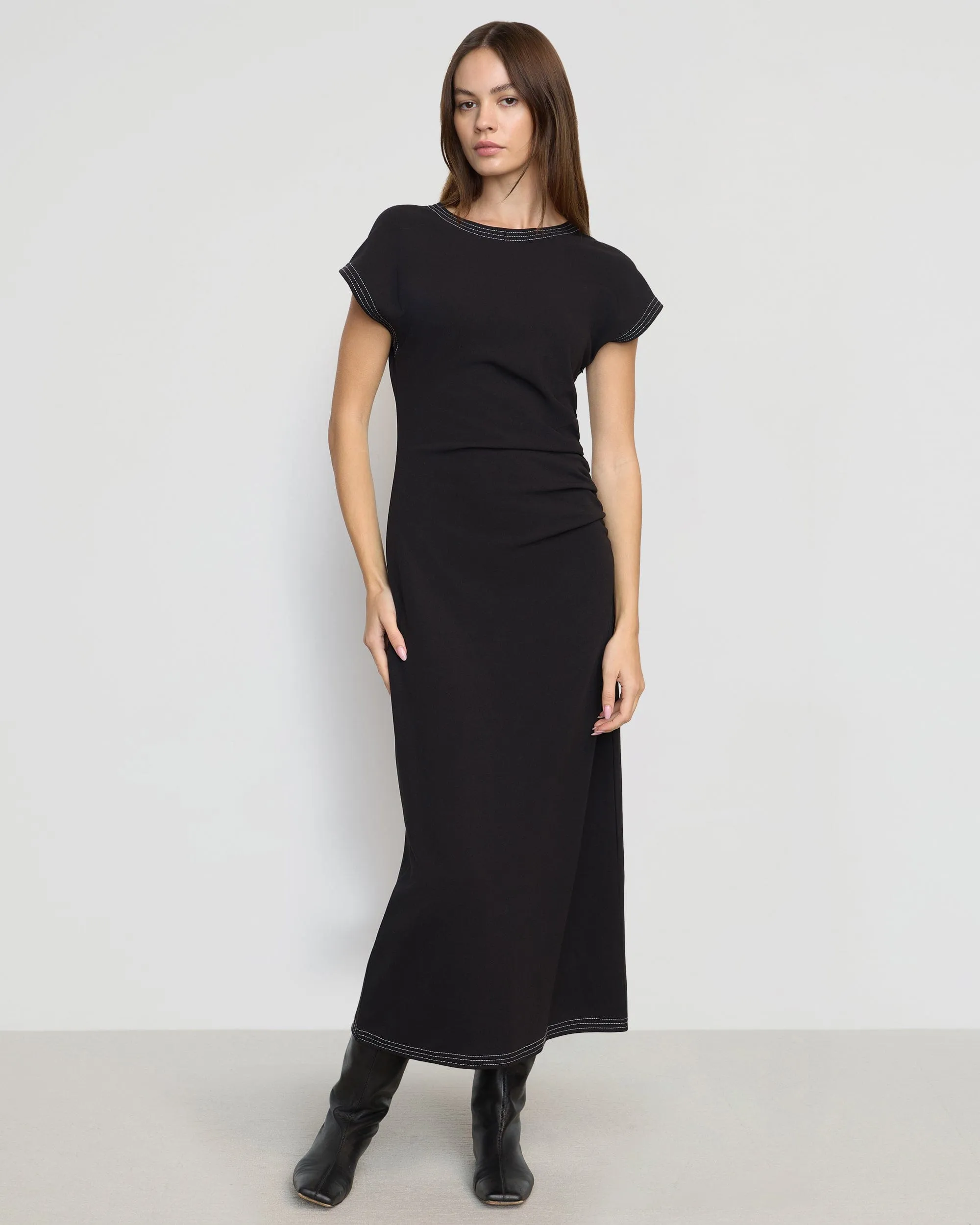 Vela Contrast-Stitch Ruched-Waist Dress