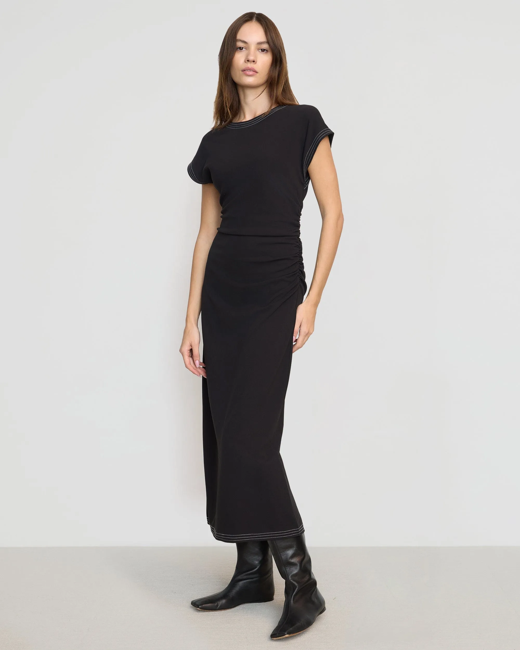 Vela Contrast-Stitch Ruched-Waist Dress