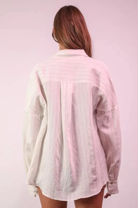 VERY J Oversized Striped Button Down Shirt Top