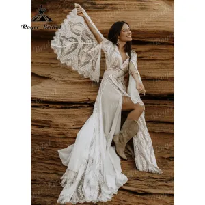 vestido de novia bohemio Boho Lace Long Sleeve Backless Split Side Wedding Dress for Women  V Neck Wedding Gown for Bride