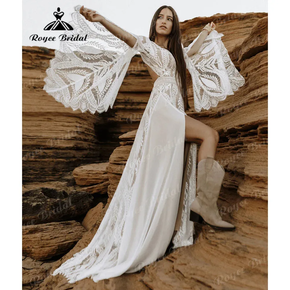 vestido de novia bohemio Boho Lace Long Sleeve Backless Split Side Wedding Dress for Women  V Neck Wedding Gown for Bride