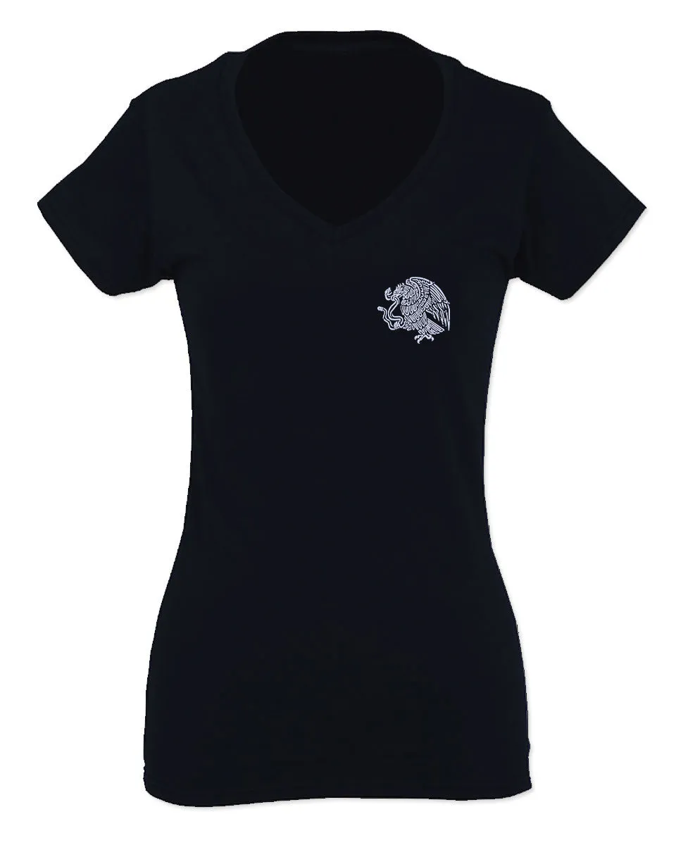 VICES AND VIRTUESS Hecho En Mexico Mexican Flag Coat of Arms Escudo Mexicano For Women V neck fitted T Shirt