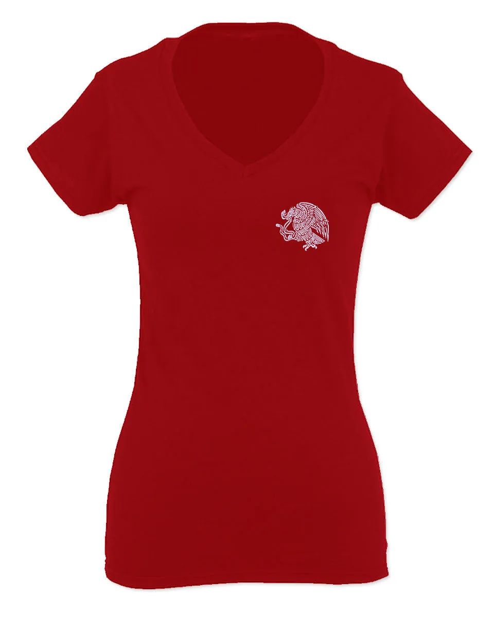 VICES AND VIRTUESS Hecho En Mexico Mexican Flag Coat of Arms Escudo Mexicano For Women V neck fitted T Shirt