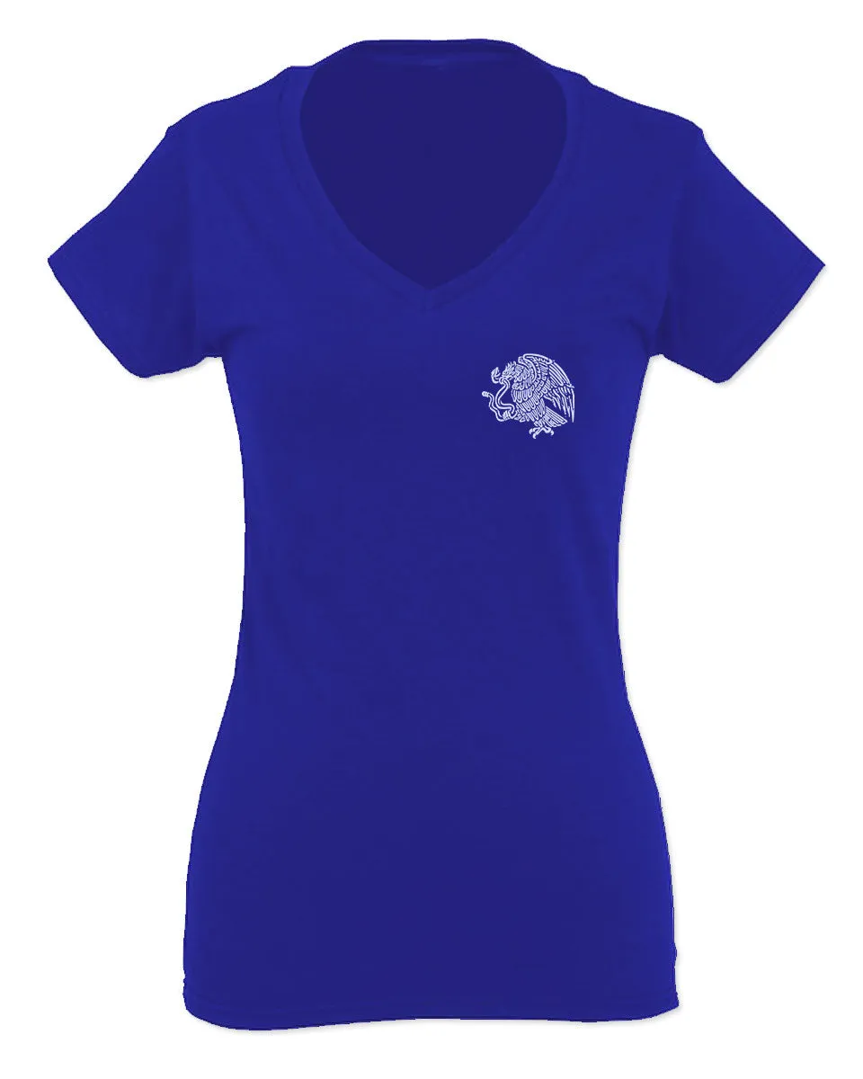 VICES AND VIRTUESS Hecho En Mexico Mexican Flag Coat of Arms Escudo Mexicano For Women V neck fitted T Shirt