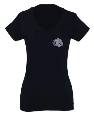VICES AND VIRTUESS Hecho En Mexico Mexican Flag Coat of Arms Escudo Mexicano For Women V neck fitted T Shirt