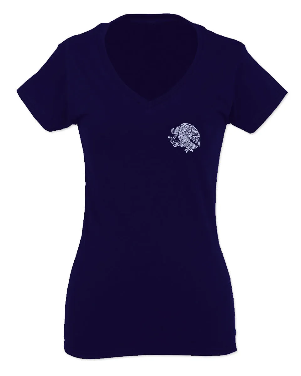 VICES AND VIRTUESS Hecho En Mexico Mexican Flag Coat of Arms Escudo Mexicano For Women V neck fitted T Shirt