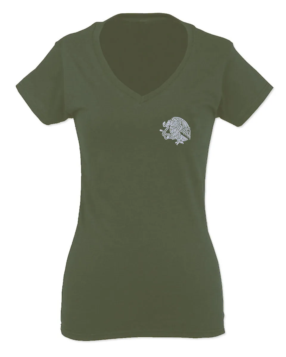 VICES AND VIRTUESS Hecho En Mexico Mexican Flag Coat of Arms Escudo Mexicano For Women V neck fitted T Shirt