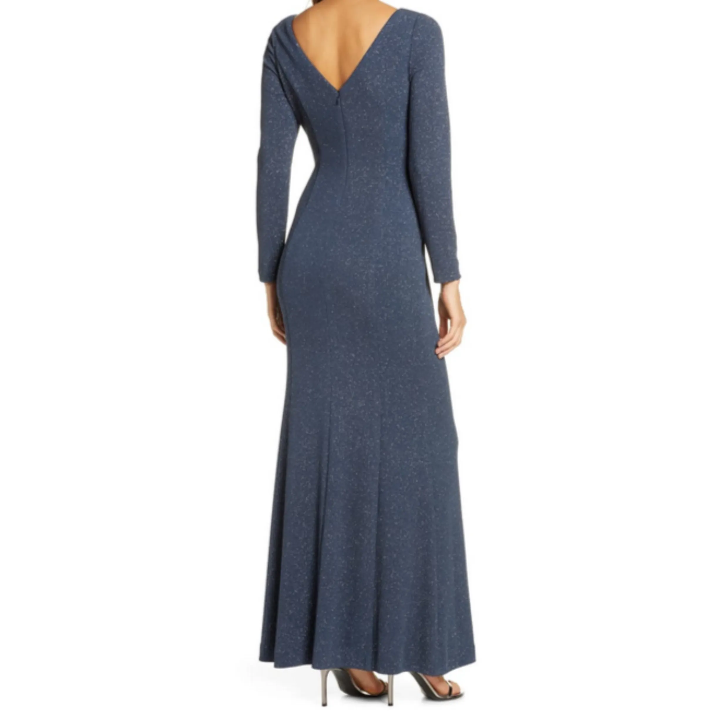 VINCE CAMUTO Steel Blue Glitter Long Sleeve Side Slit Long Dress Size 14