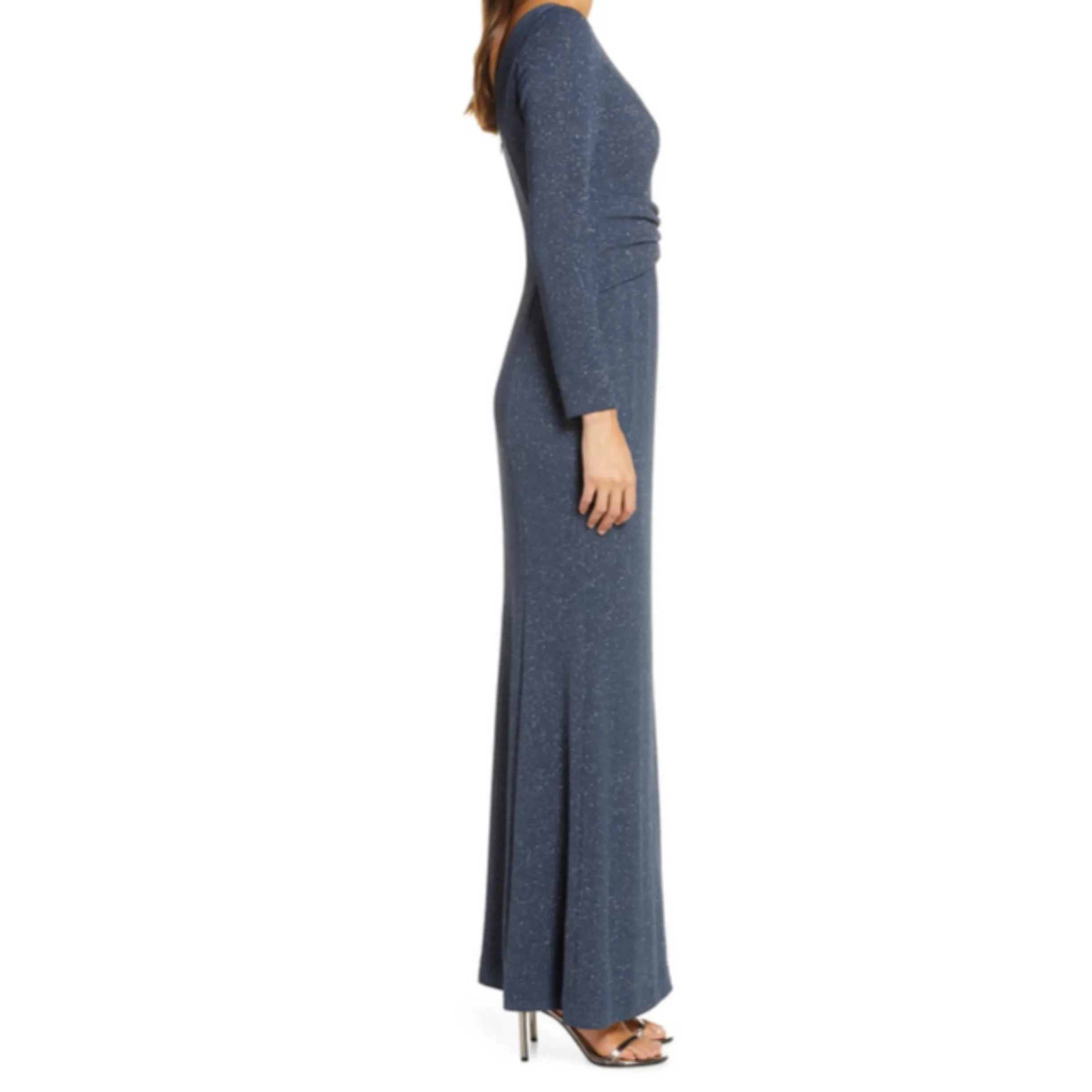 VINCE CAMUTO Steel Blue Glitter Long Sleeve Side Slit Long Dress Size 14