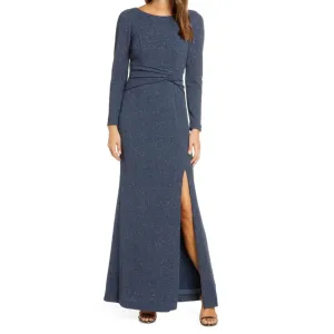 VINCE CAMUTO Steel Blue Glitter Long Sleeve Side Slit Long Dress Size 14