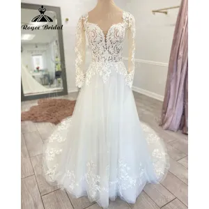 Vintage Boho Lace Long Sleeve Open Back Wedding Gown for Women  Appliques Wedding Dress with V Neck Bridal Gown Custom Made
