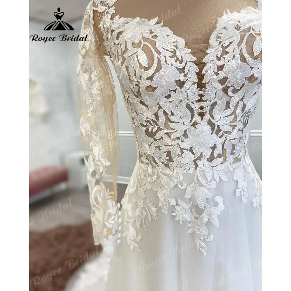 Vintage Boho Lace Long Sleeve Open Back Wedding Gown for Women  Appliques Wedding Dress with V Neck Bridal Gown Custom Made