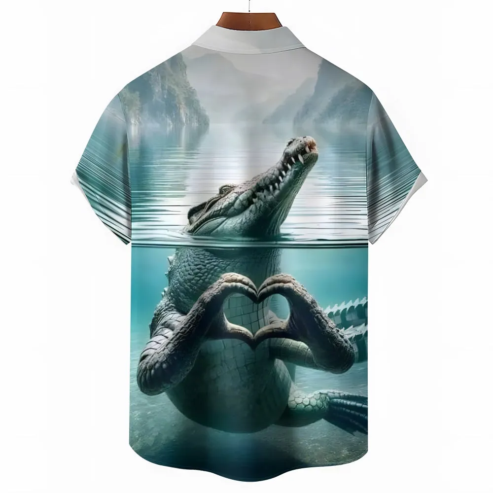 Vintage Crocodile Art Print Men's Chest Pocket Oversized Hawaiian Shirt 2501009664