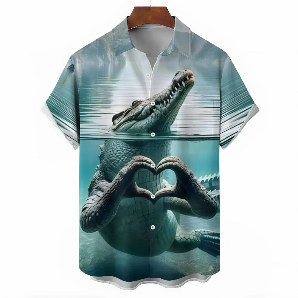 Vintage Crocodile Art Print Men's Chest Pocket Oversized Hawaiian Shirt 2501009664