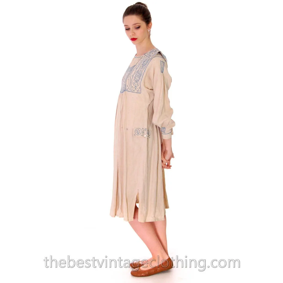 Vintage French Hand Embroidered Smocked Linen Dress Paris 1920s Blue / White