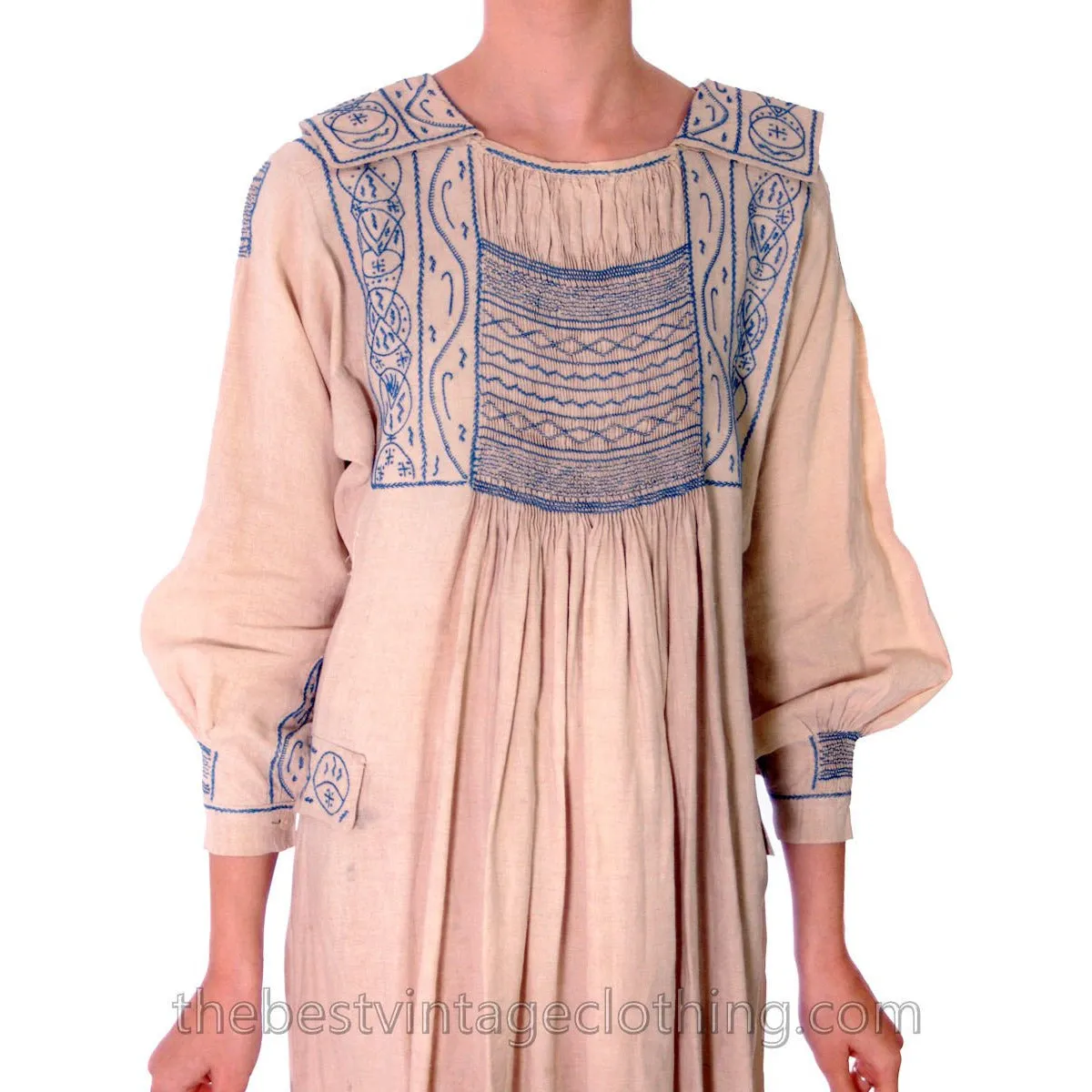 Vintage French Hand Embroidered Smocked Linen Dress Paris 1920s Blue / White