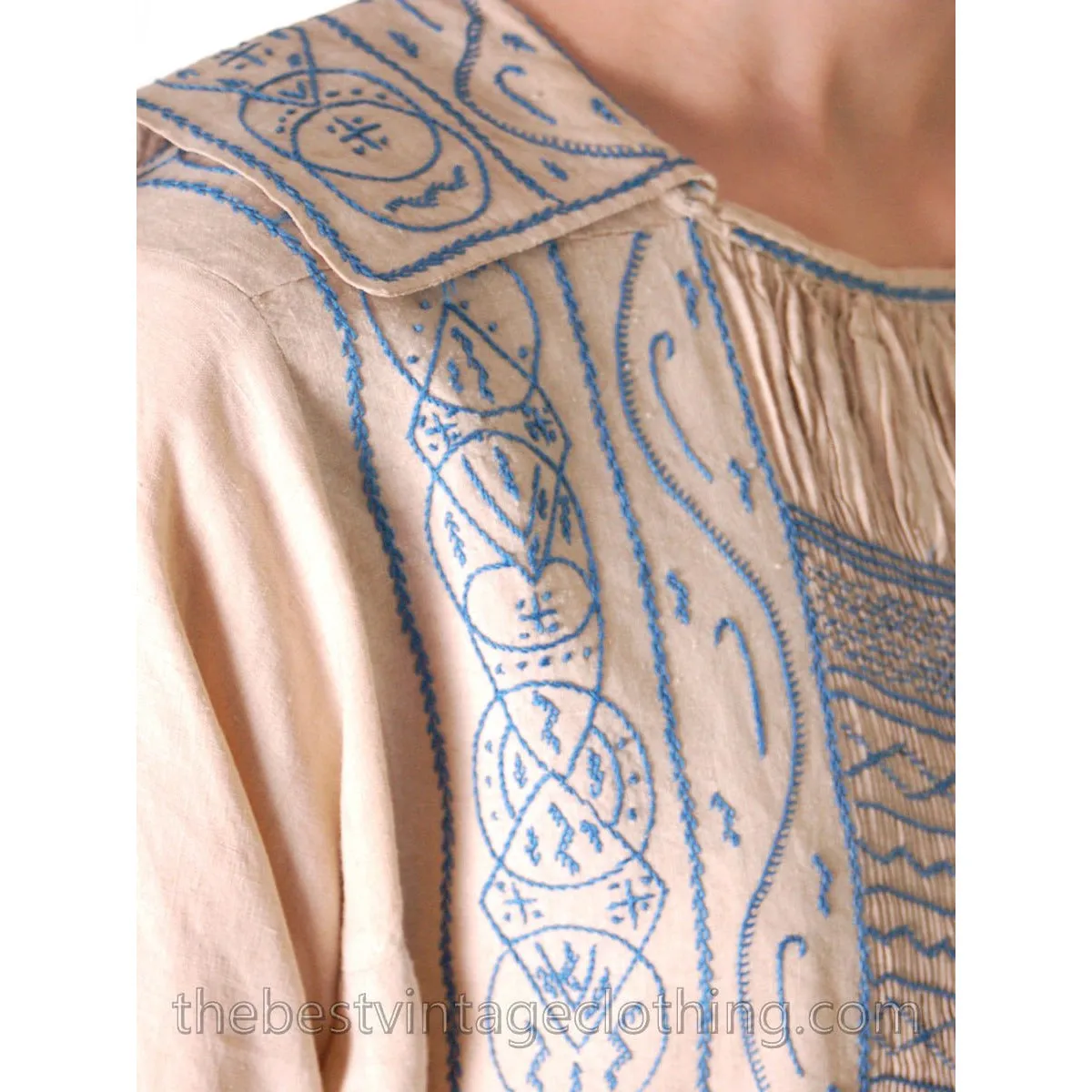 Vintage French Hand Embroidered Smocked Linen Dress Paris 1920s Blue / White