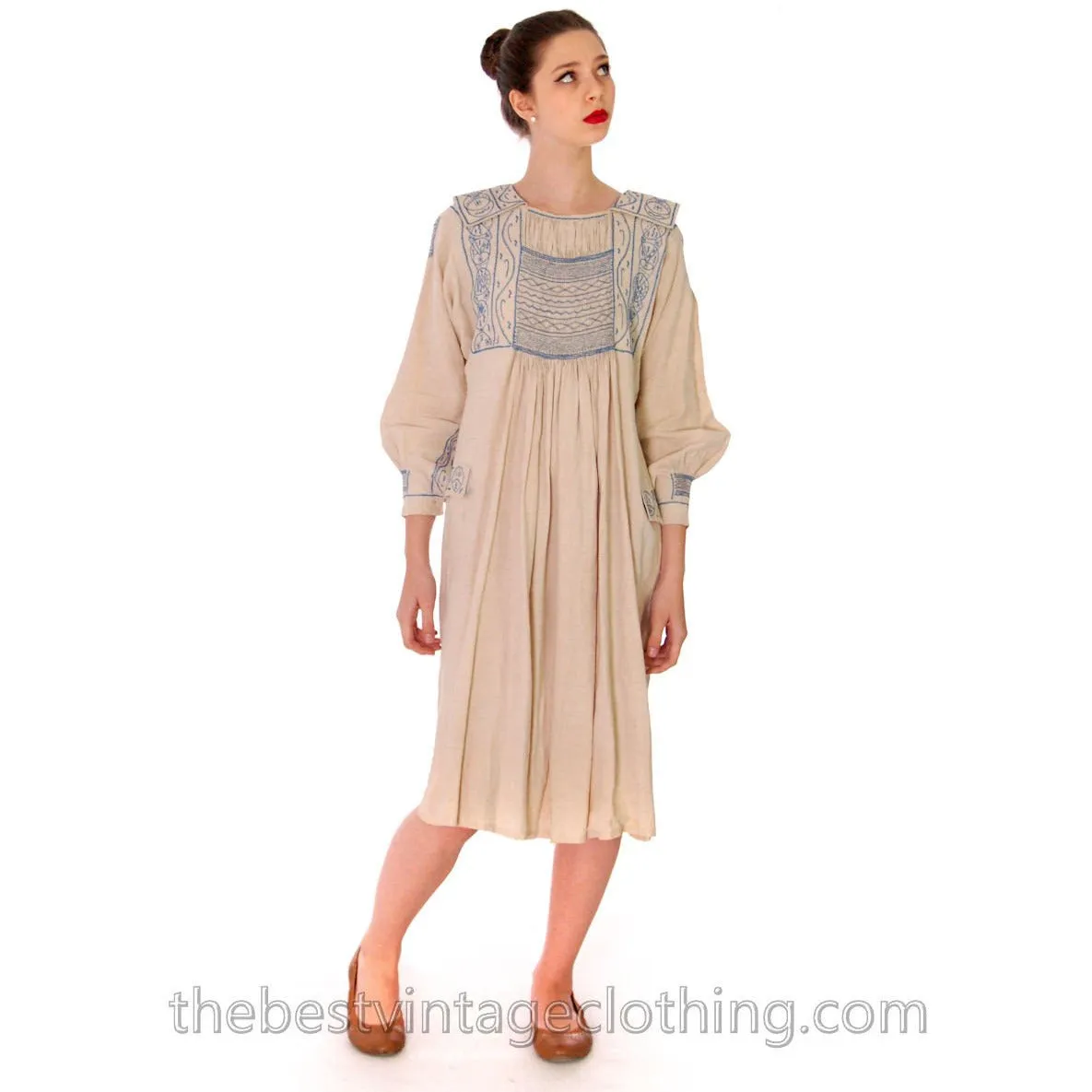 Vintage French Hand Embroidered Smocked Linen Dress Paris 1920s Blue / White