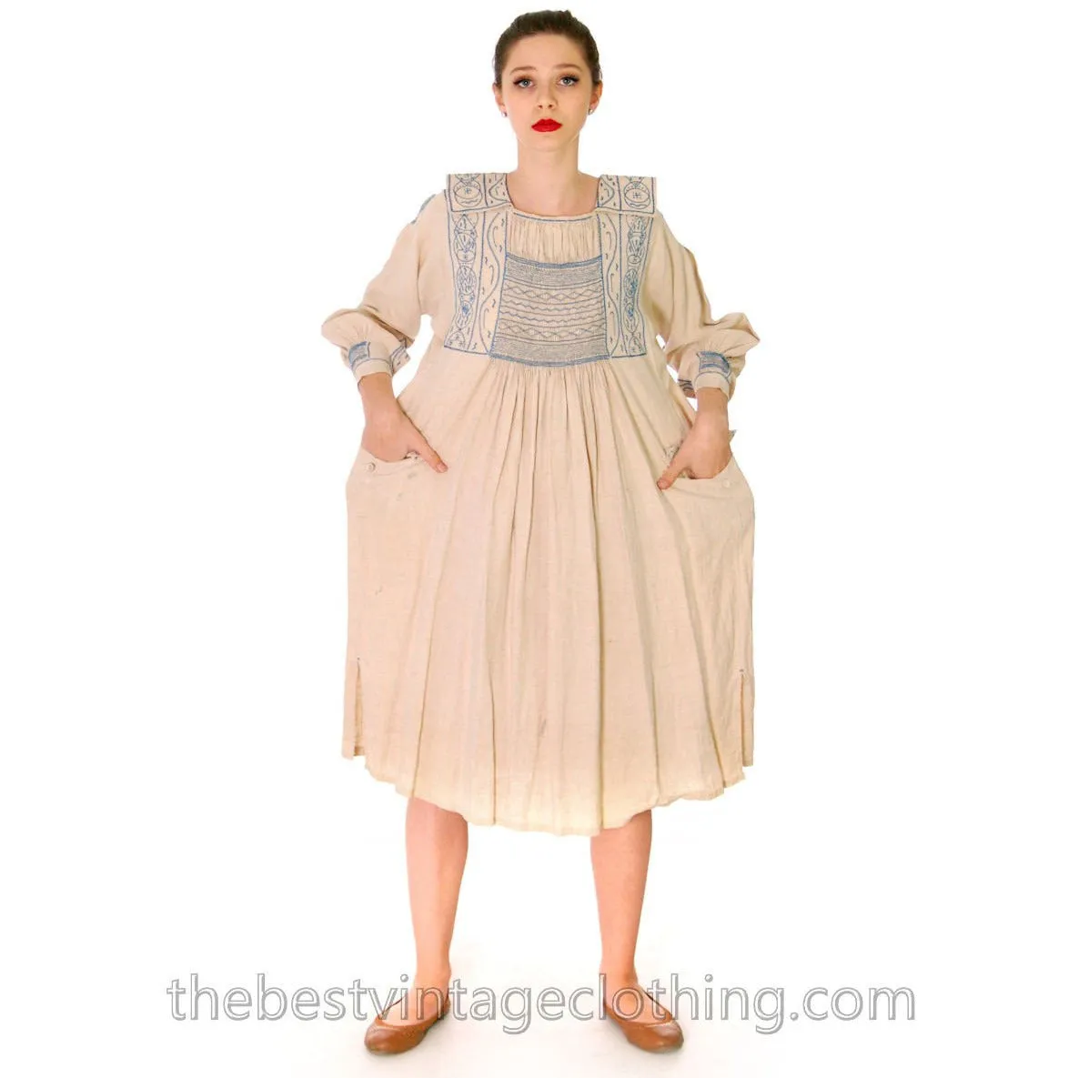 Vintage French Hand Embroidered Smocked Linen Dress Paris 1920s Blue / White