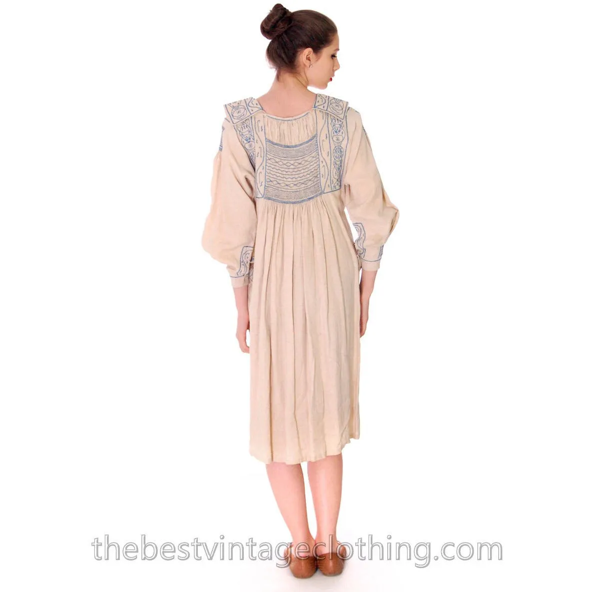 Vintage French Hand Embroidered Smocked Linen Dress Paris 1920s Blue / White