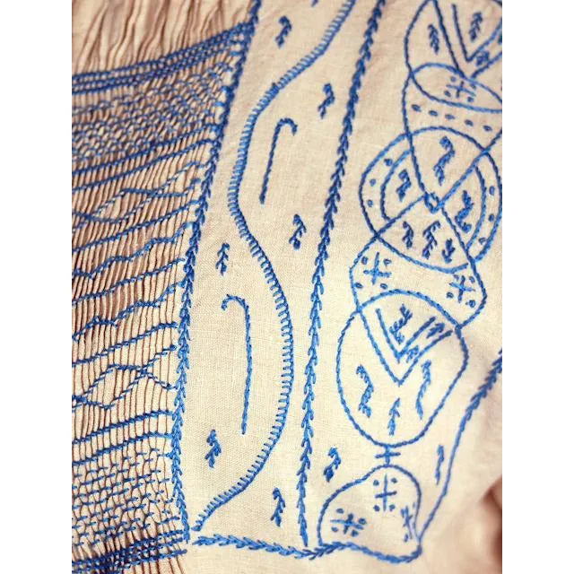 Vintage French Hand Embroidered Smocked Linen Dress Paris 1920s Blue / White