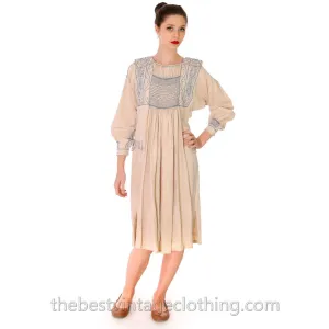 Vintage French Hand Embroidered Smocked Linen Dress Paris 1920s Blue / White