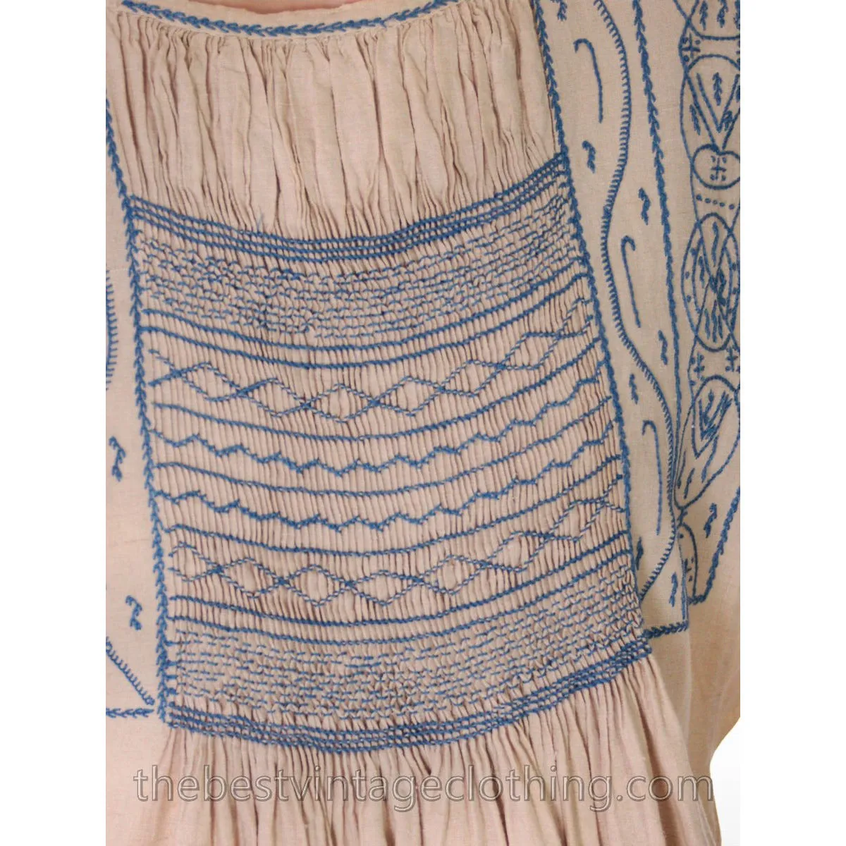 Vintage French Hand Embroidered Smocked Linen Dress Paris 1920s Blue / White