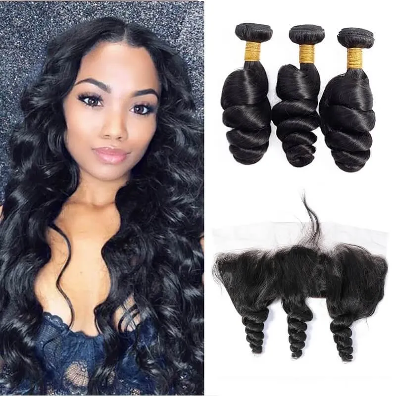 Wavymy Loose Wave 3 Bundles With 13x6 Lace Frontal Natural Black Human Virgin Hair