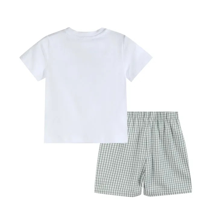 White Dinosaur Smocked Tee and Green Gingham Shorts Set