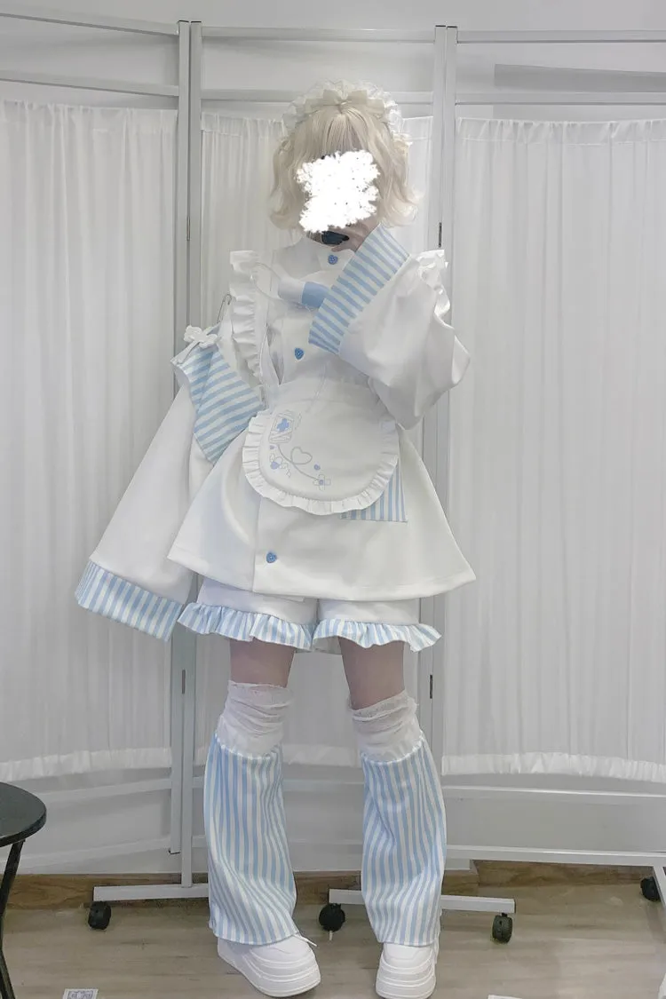 White/Blue Medical Angel Long Sleeves Print Loose Sweet Jirai Kei Japanese Set