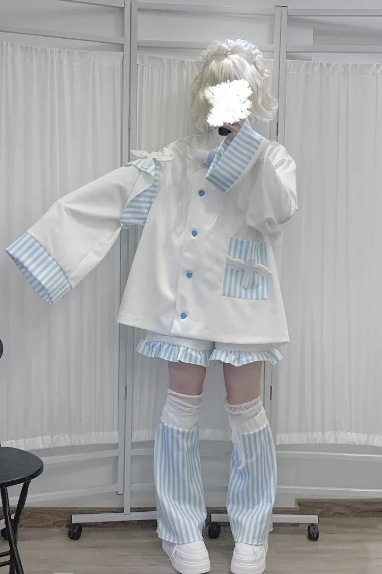 White/Blue Medical Angel Long Sleeves Print Loose Sweet Jirai Kei Japanese Set