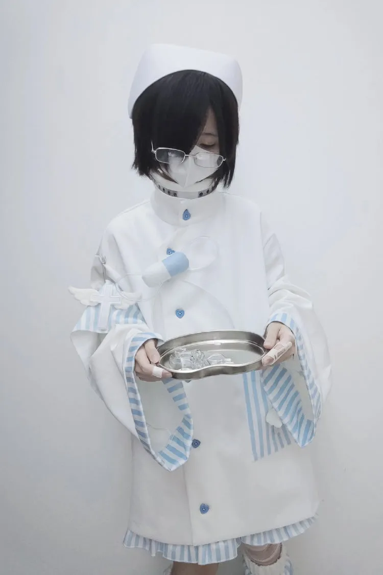 White/Blue Medical Angel Long Sleeves Print Loose Sweet Jirai Kei Japanese Set