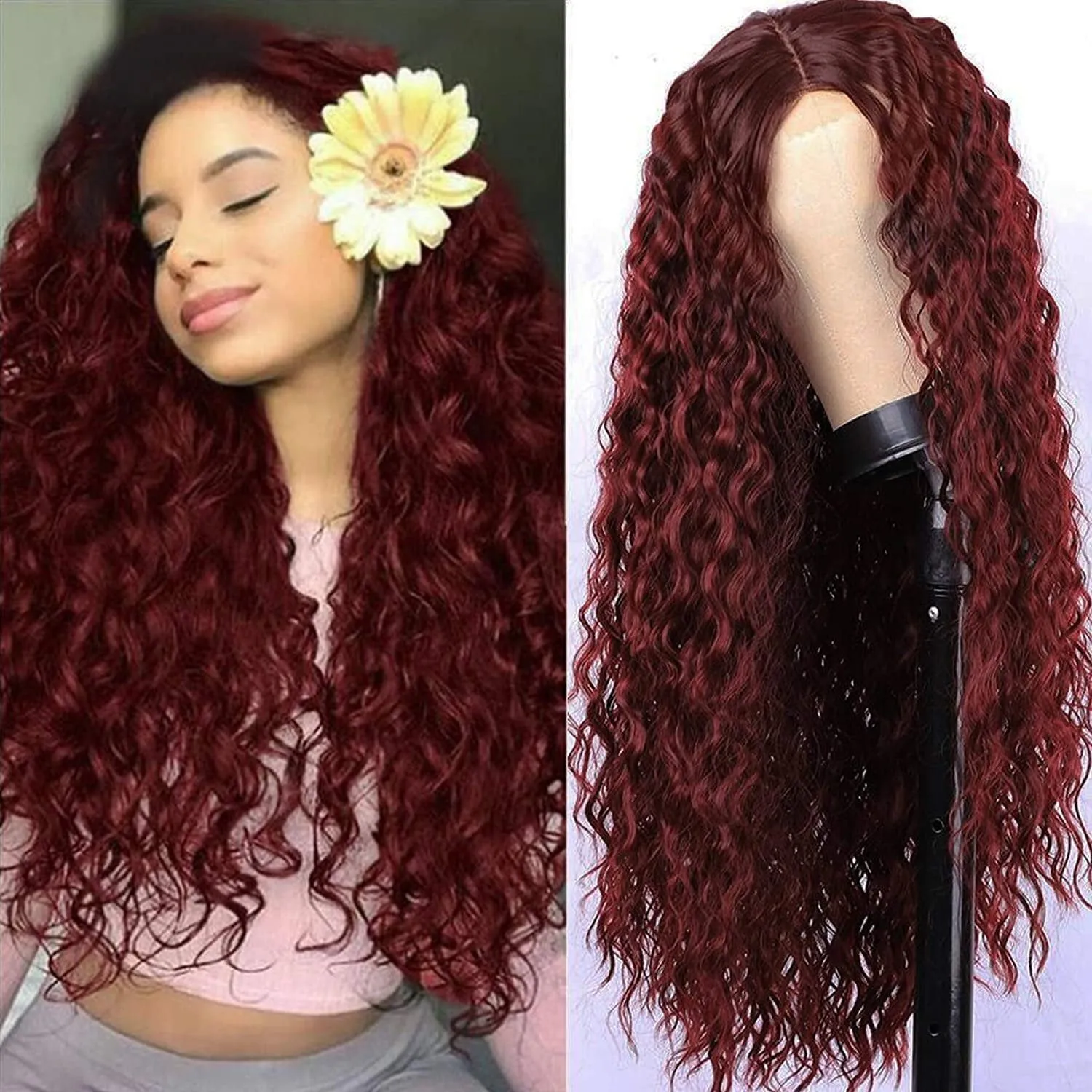 Wine Red Wavy Color # 99j 30" /- | Lace Front Wig with Baby Hair | Trendy Wig | Synthetic Top Quality Heat Resistant Fiber | Human Hair Feel