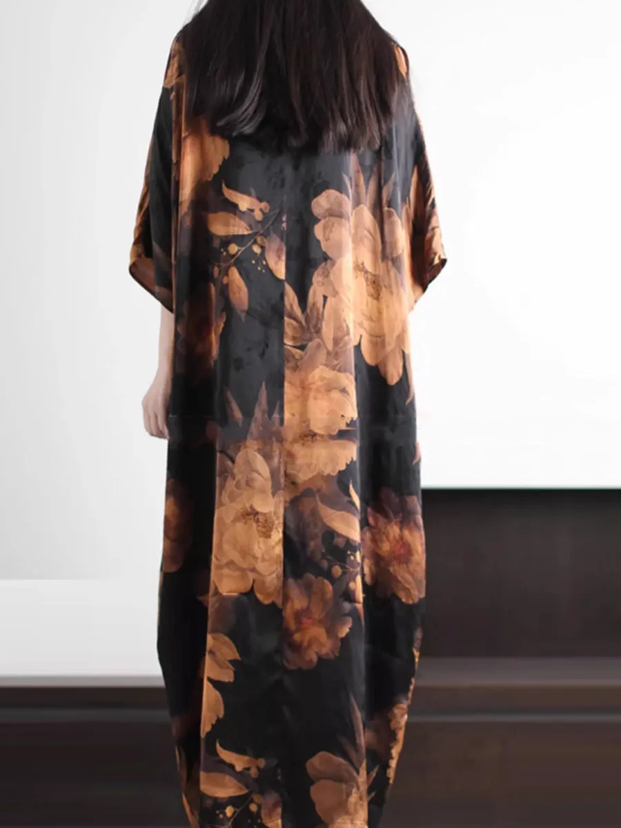 Women Summer Artsy Flower V-Neck Silk Loose Dress