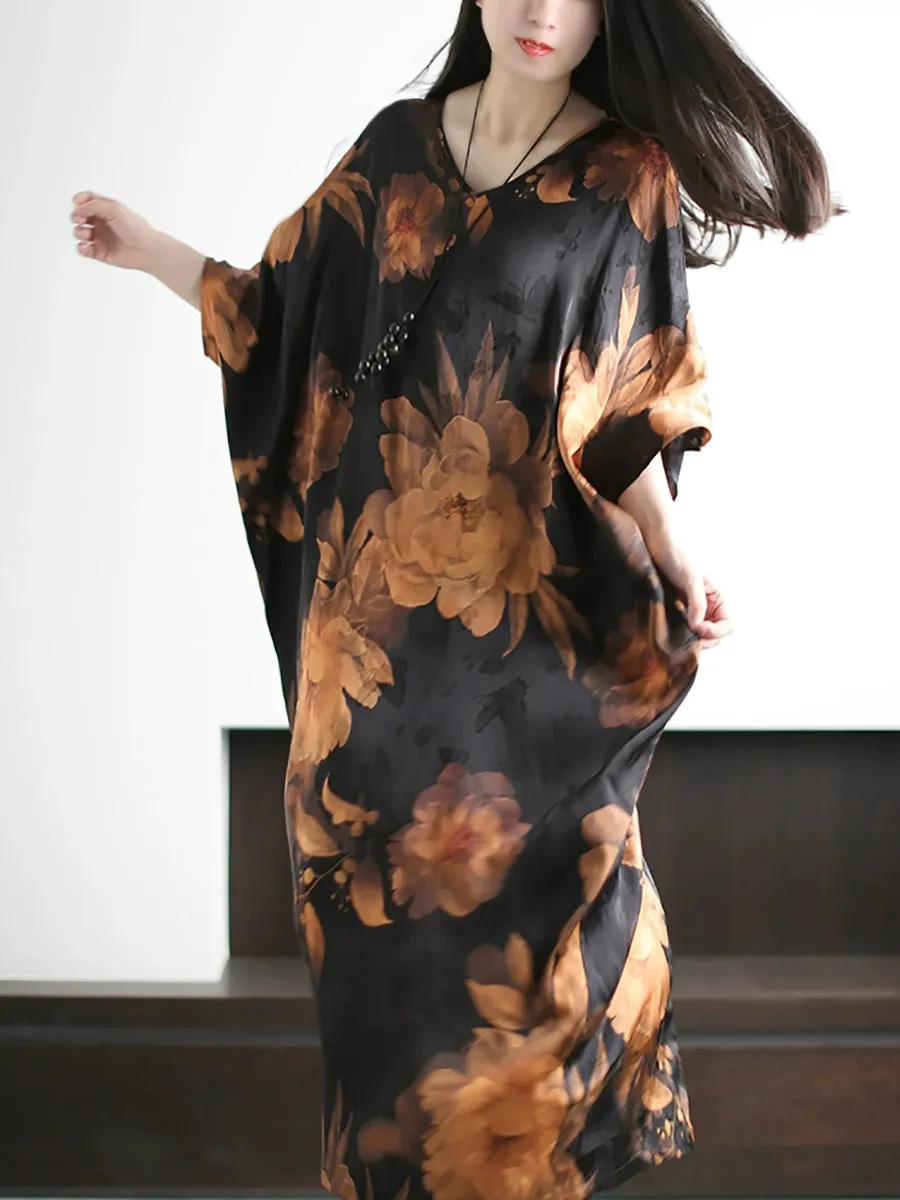 Women Summer Artsy Flower V-Neck Silk Loose Dress