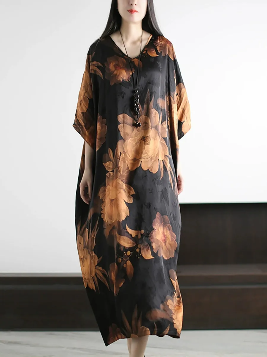 Women Summer Artsy Flower V-Neck Silk Loose Dress