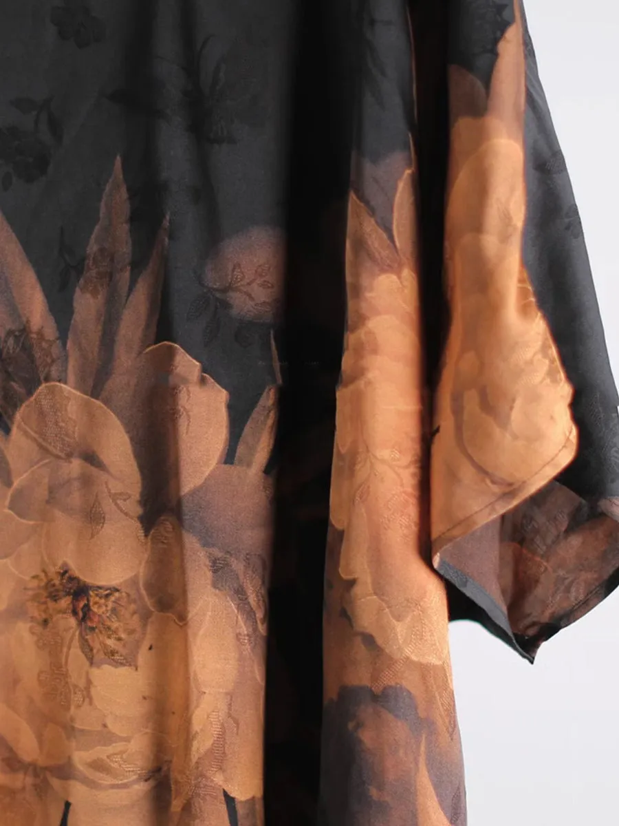 Women Summer Artsy Flower V-Neck Silk Loose Dress