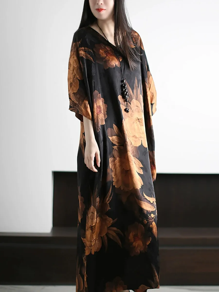 Women Summer Artsy Flower V-Neck Silk Loose Dress