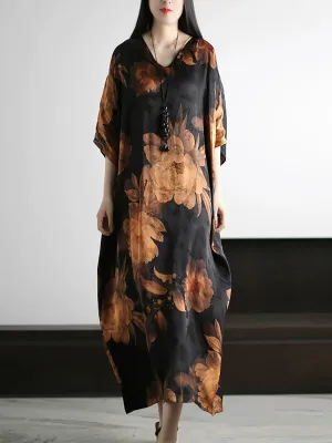 Women Summer Artsy Flower V-Neck Silk Loose Dress